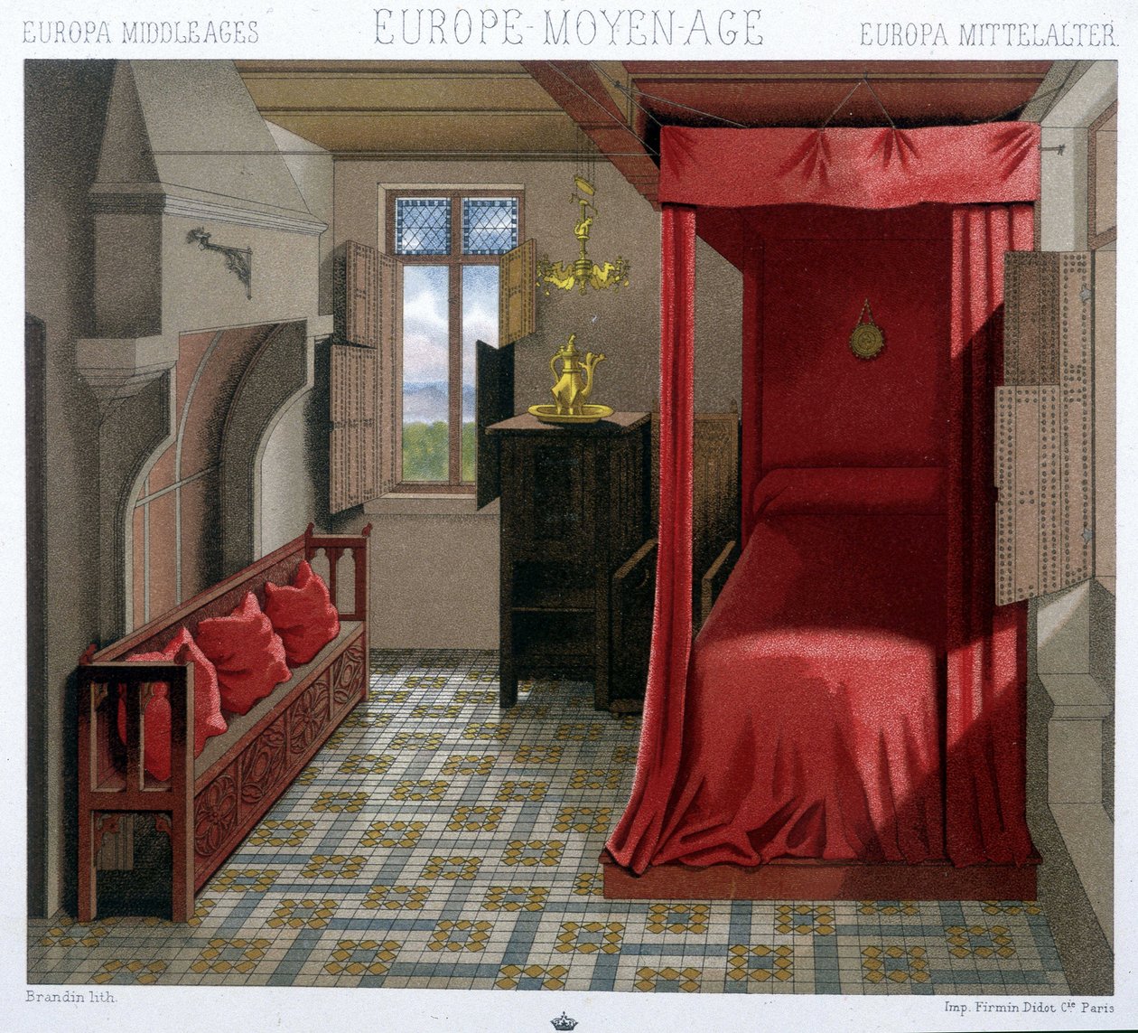 Interior de una casa en los siglos XV y XVI. En "Le costume historique" por A. Racinet de Unknown artist