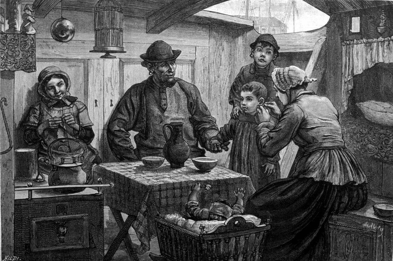 Interior de un barco fluvial en el Lys. Ilustración del siglo XIX. de Unknown artist