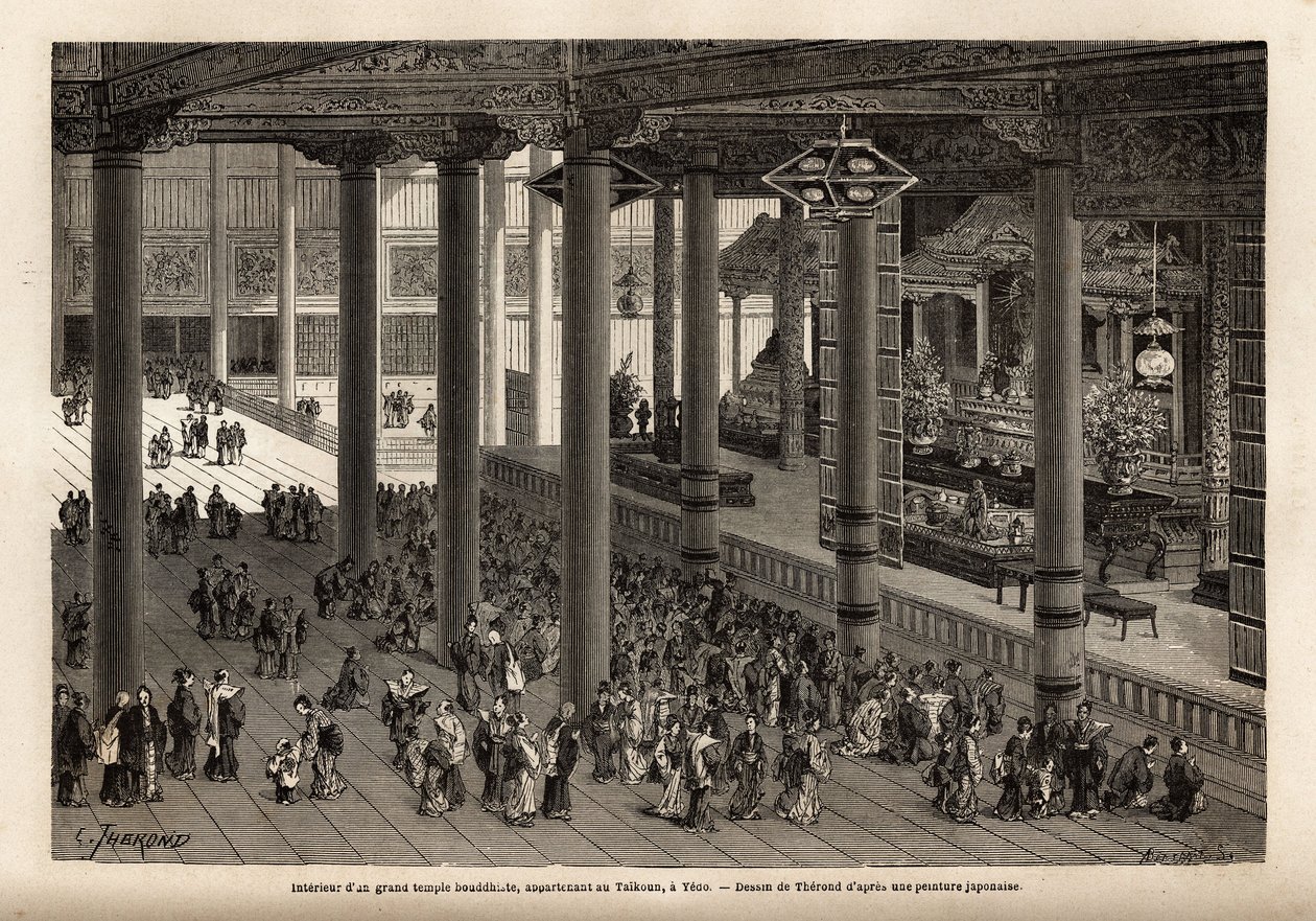 Vista interior de un gran templo budista, perteneciente al Taikoun (gobernante temporal de Japón) en Yedo (o Edo, capital imperial, actual Tokio). Grabado para ilustrar el viaje a Japón, en 1863-1864, por Aime Humbert, ministro de la Confederación Suiza de Unknown artist