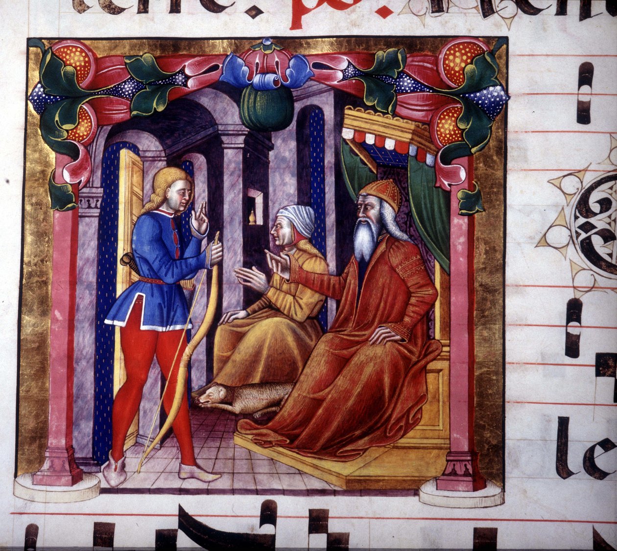 Isaac invita a Esaú a cazar. Manuscrito del siglo XV. Antifonario del siglo XV. Biblioteca de Lodi de Unknown artist