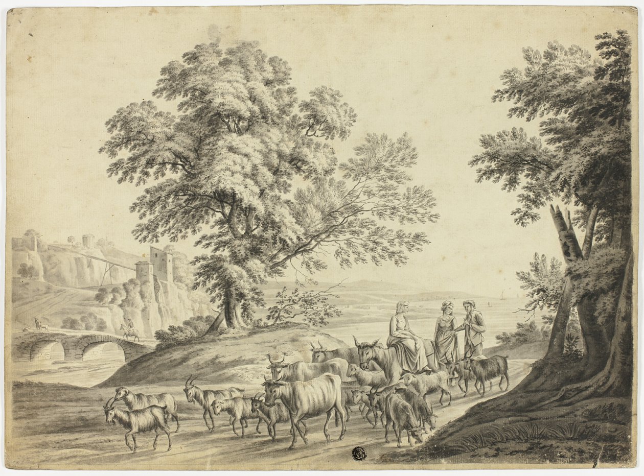 Paisaje a la italiana con un hombre y dos mujeres pastoreando ganado vacuno, cabras y ovejas de Unknown artist
