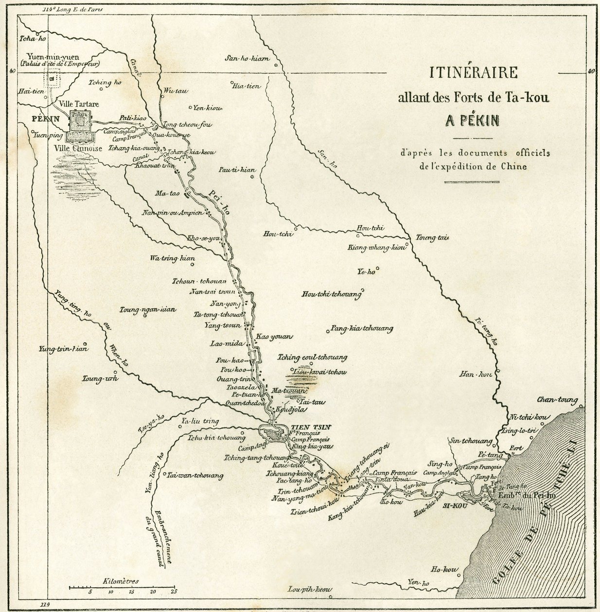Itinerario a lo largo del río Hai He cerca de Tien Tsin (Tien-Tsin, Tianjin) a Pekín (Beijing), China. Mapa, en “Le Tour du Monde, Nouveau journal des Voyages”, editado por Edouard Charton, París de Unknown artist