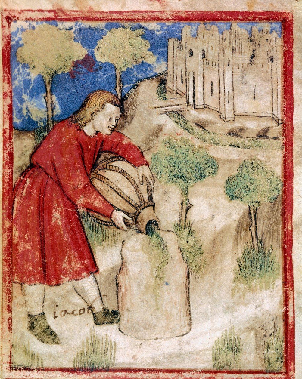 Jacob vertió aceite sobre la piedra que le había servido de almohada. Miniatura del códice 212 (o padovano o Biblia de Padua) 1390-1400 Rovigo, Accademia dei Concordi de Unknown artist