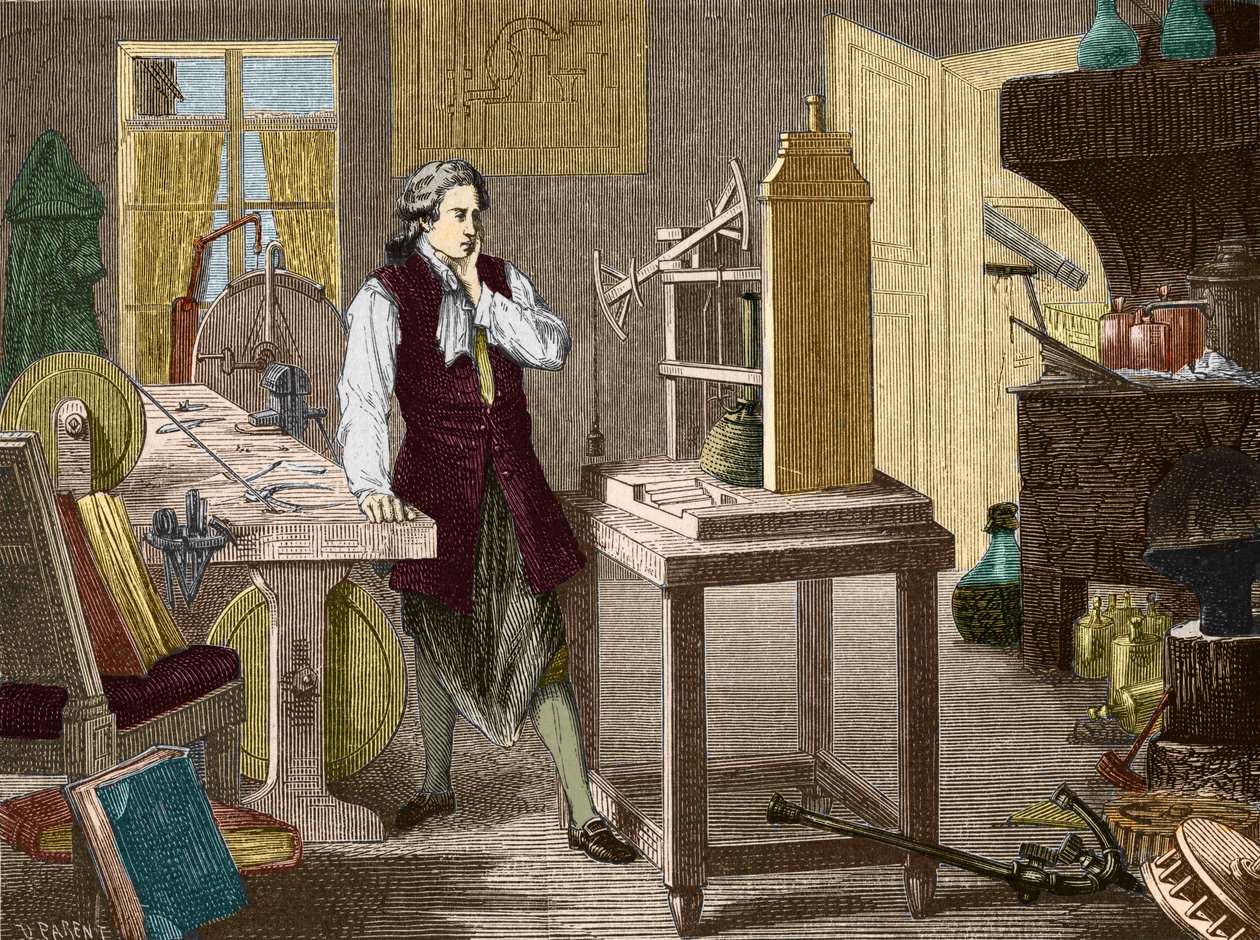 James Watt estudiando el perfeccionamiento de la máquina de Newcomen (1767) (máquina de vapor) - en “Álbum de Ciencia; científicos ilustres; Grandes descubrimientos” 1896. de Unknown artist