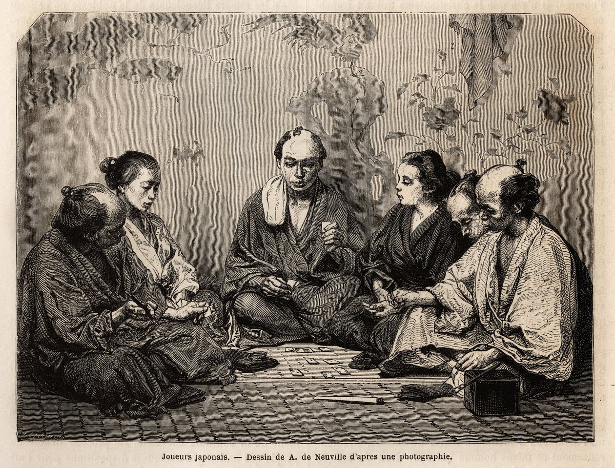 Jugadores japoneses en medio de cartas. Grabado para ilustrar Japón, historia de viaje por Aime Humbert, ministro de la Confederación Suiza, en 1863-1864, publicado en 