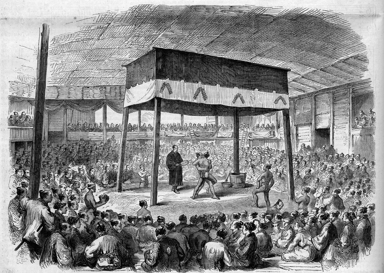 Lucha de luchadores japoneses Sumo en Osaka, Japón. De un dibujo de C. Wirgman. Grabado en "El Universo Ilustre" de Unknown artist