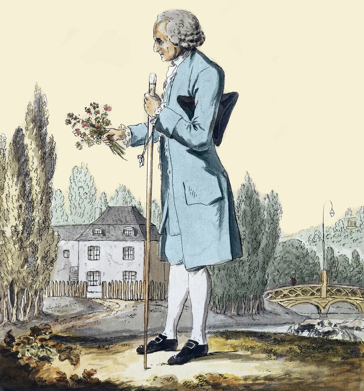 Jean-Jacques Rousseau (1712-78) recogiendo hierbas en Ermenonville, junio de 1778 - Representación del filósofo Jean Jacques Rousseau (1712-1778) recogiendo flores en Ermenonville de Unknown artist