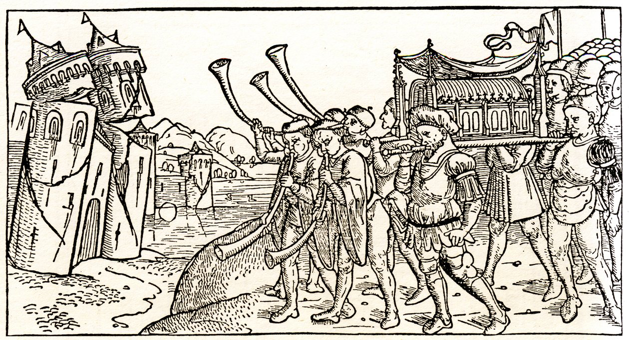 Judíos llevan el Arca de la Alianza frente a las murallas de Jericó que se derrumban de Unknown artist