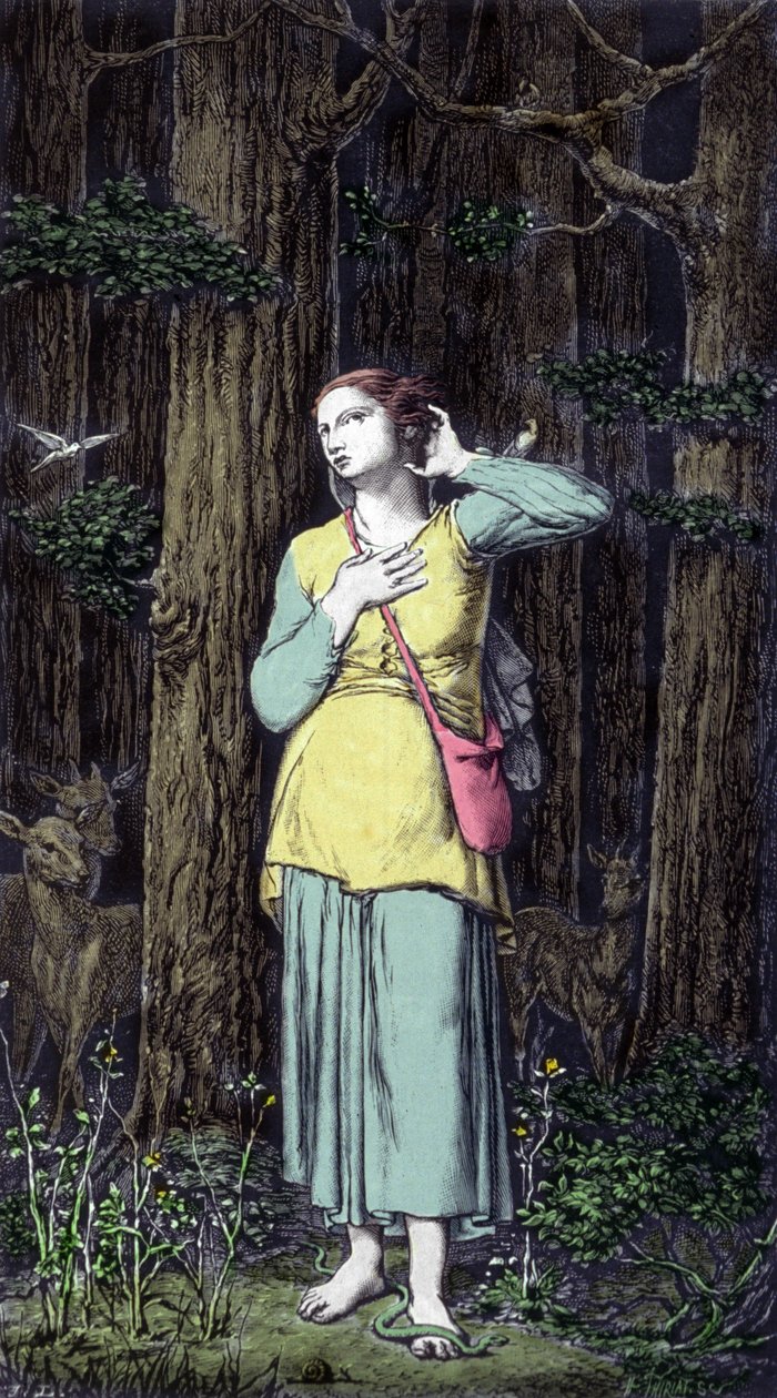 Juana de Arco escucha sus voces celestiales: el Arcángel San Miguel, Santa Catalina y Santa Margarita le ordenaron ir a Francia para ayudar al rey y le aseguraron que Dios lo ayudará. Siglo XIX de Unknown artist