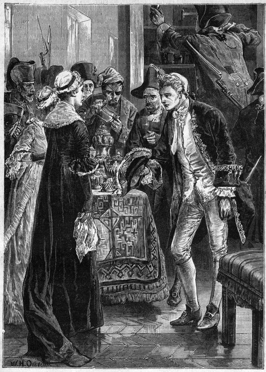 John Paul Jones visita a Lady Selkirk después de que sus hombres hayan tomado sus objetos de valor - Marina Americana: John Paul Jones (1747-1792) héroe de la Guerra de Independencia Americana y la tripulación del Ranger asaltaron el castillo del Conde de  de Unknown artist