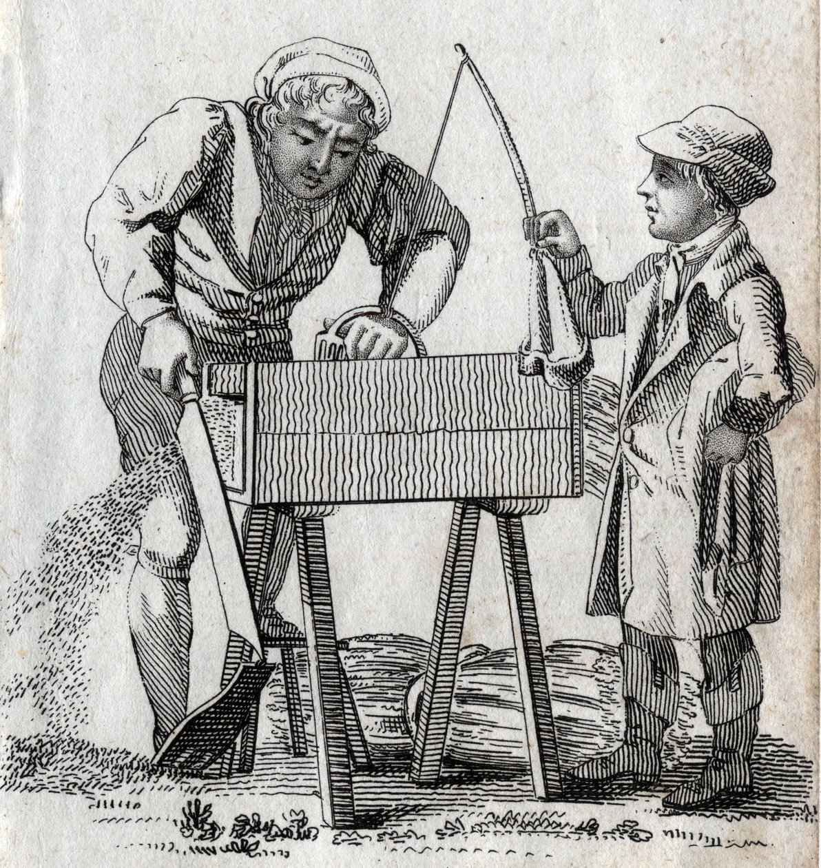 Carpintero y aprendiz. Grabado de finales del siglo XVIII. Colección privada. de Unknown artist