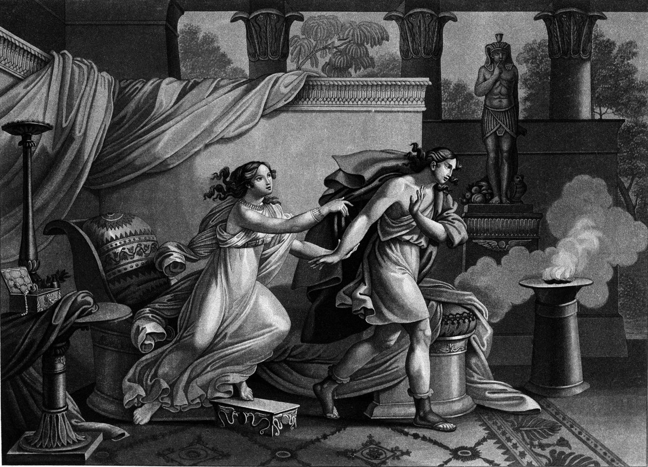 José huyendo de la esposa de Putifar que intenta seducirlo. Litografía del siglo XIX. de Unknown artist