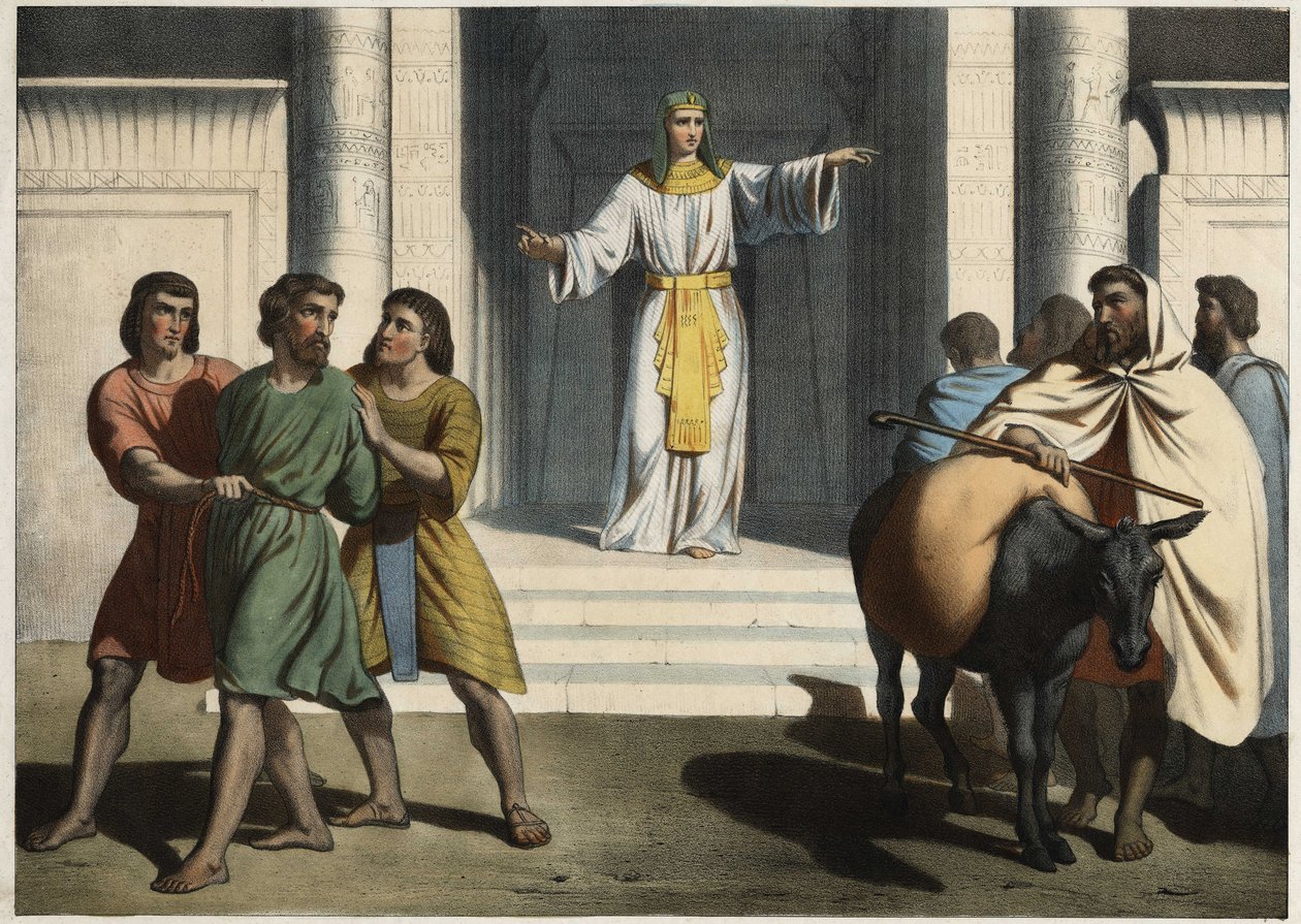 José manteniendo a Simeón como rehén: José el Patriarca pide a sus hermanos que le presenten al joven Benjamín y mantiene a Simeón como rehén esperando su regreso (grabado anónimo de mediados del siglo XIX) de Unknown artist