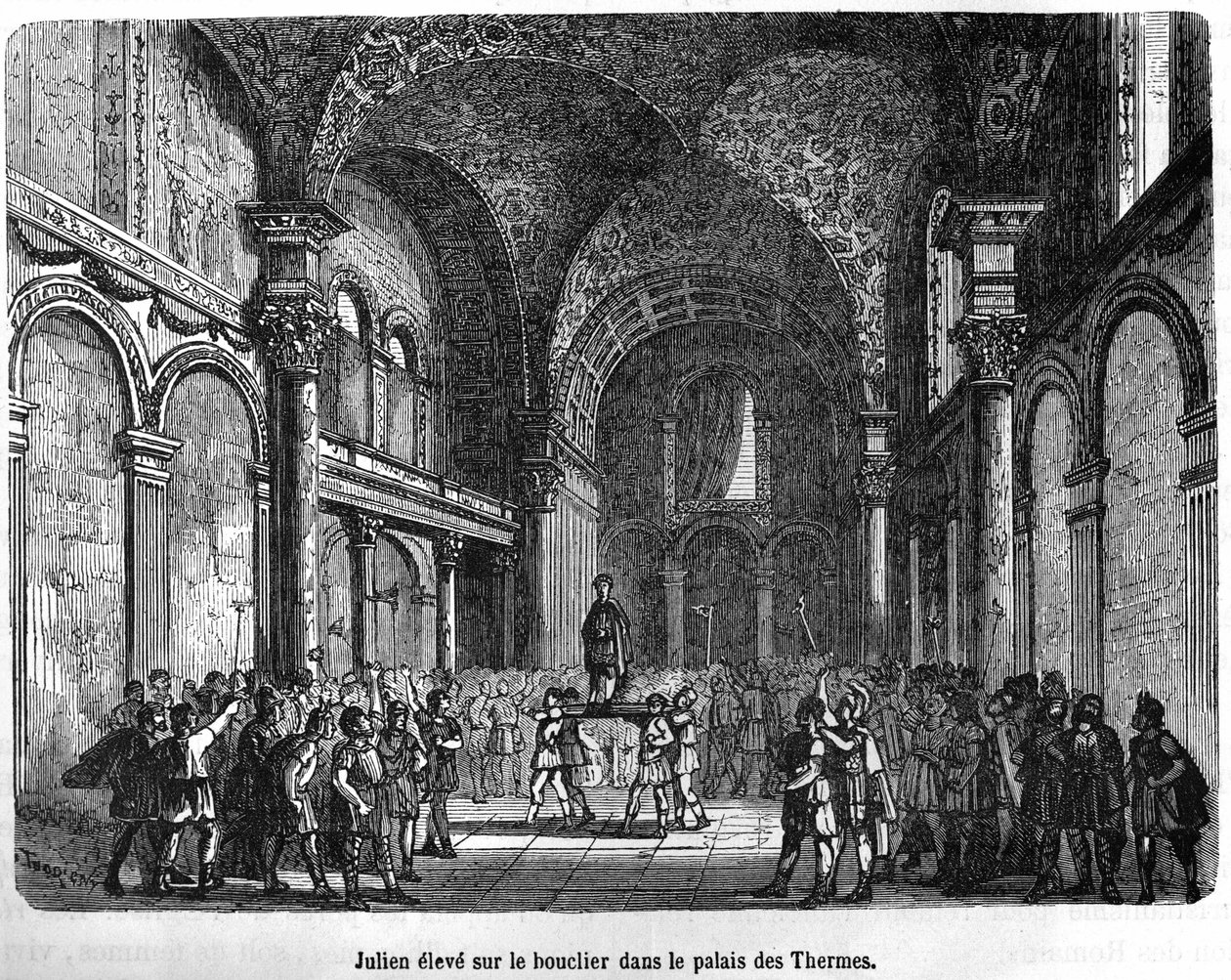 Juliano (Flavius Claudius Julianus 331 - 363) levantado en el escudo en el Palacio Termal - en Histoire de France de Henri Martin, s.d. siglo XIX de Unknown artist