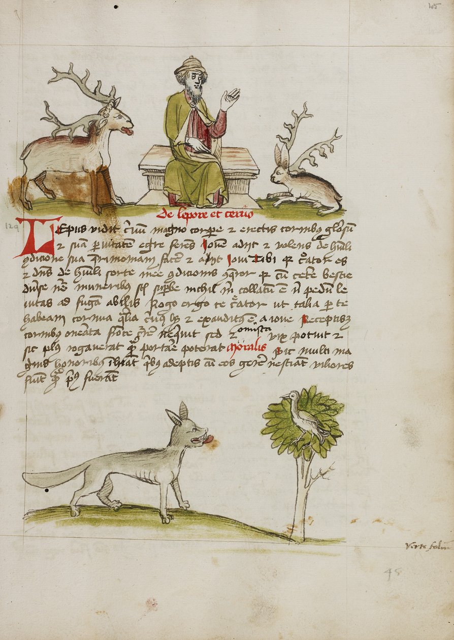 Júpiter como un anciano barbudo entronizado entre un ciervo y una liebre; un lobo bajo un árbol de Unknown artist