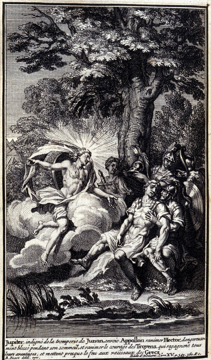 Júpiter, indignado por el engaño de Juno, envía a Apolo para revivir a Héctor, peligrosamente herido durante su sueño, y revivir el coraje de los troyanos, quienes recuperan todas sus ventajas y casi incendian los barcos griegos. Ilustración del libro XV d de Unknown artist