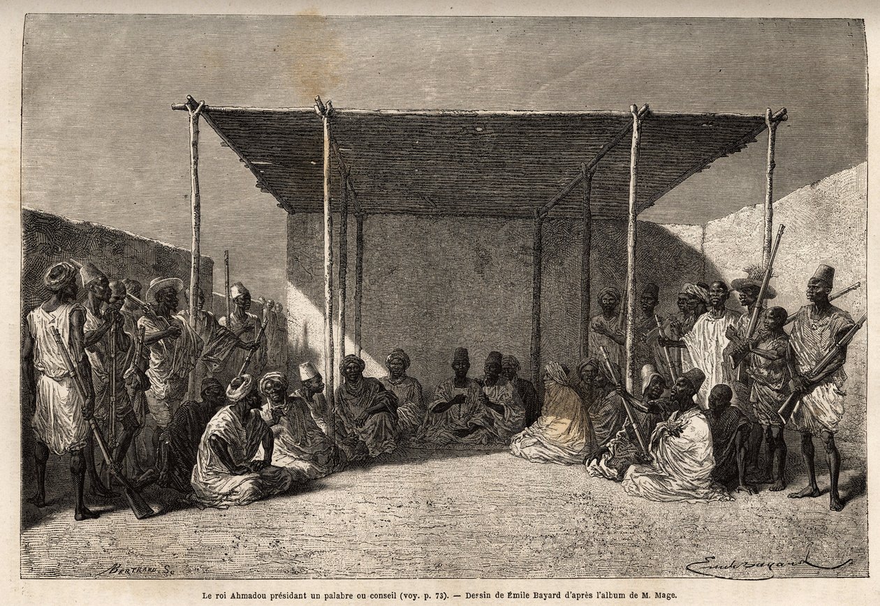El rey Ahmadou presidiendo un consejo o palabre del imperio Toucouleur en Segou Sikoro (Mali), los sabios se sientan y los guerreros se colocan, el rey sostiene un rosario musulmán en sus manos. Grabado para ilustrar el viaje al Sudán Occidental del Tenien de Unknown artist