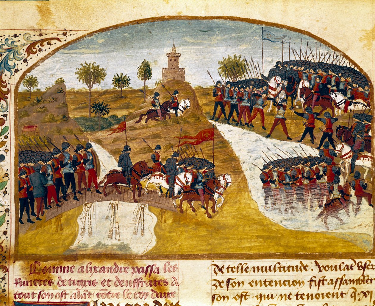 El rey Alejandro Magno (356-323 a.C.) y su ejército cruzan el Tigris y el Éufrates (detalle) de Unknown artist
