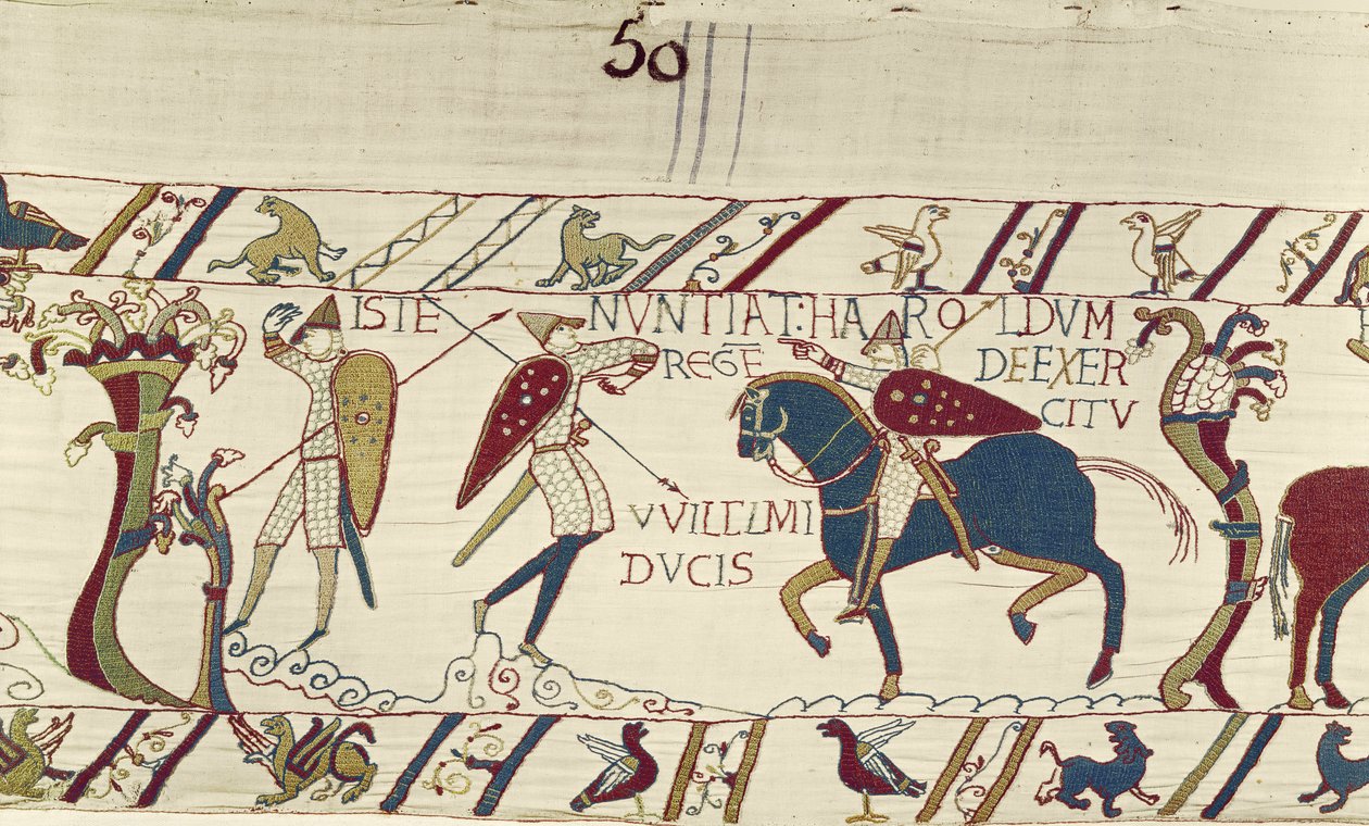 El mensajero del rey Harold le da noticias del ejército del duque Guillermo, Tapiz de Bayeux de Unknown artist