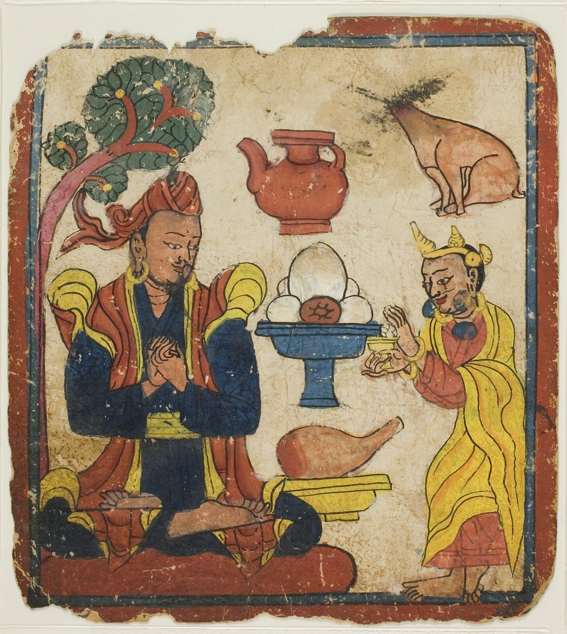 El rey Mangkur alimentado por la reina Devika, de un juego de cartas de iniciación (Tsakali) de Unknown artist