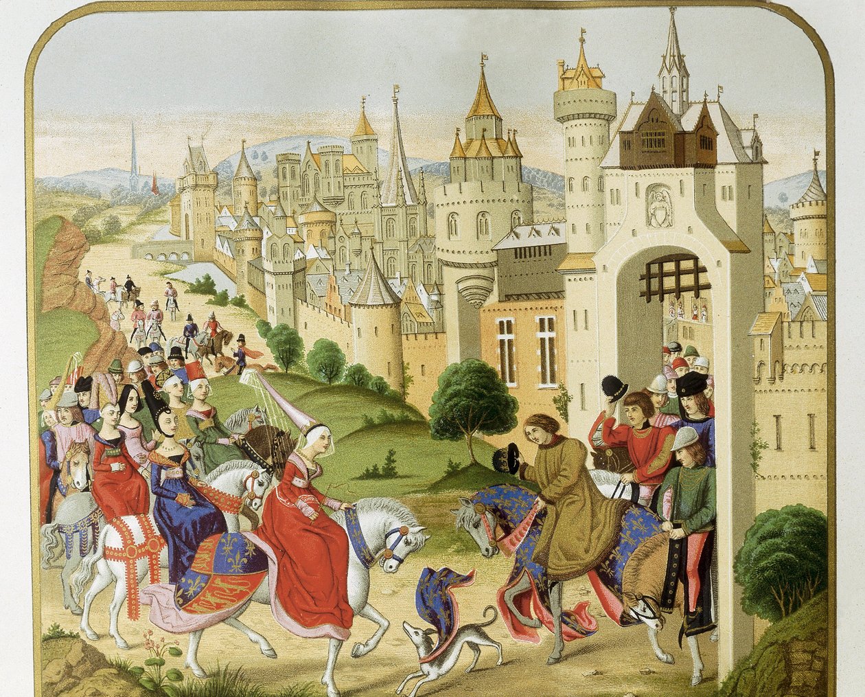 "Rey de Francia Carlos IV recibió la visita de su hermana la Reina de Inglaterra Isabel de Francia (1292-1358), esposa de Eduardo II, quien vino a refugiarse" Según las crónicas de Jean Froissart. Siglo XIX. Barcelona. Sant Jordi Catalán Real de Unknown artist