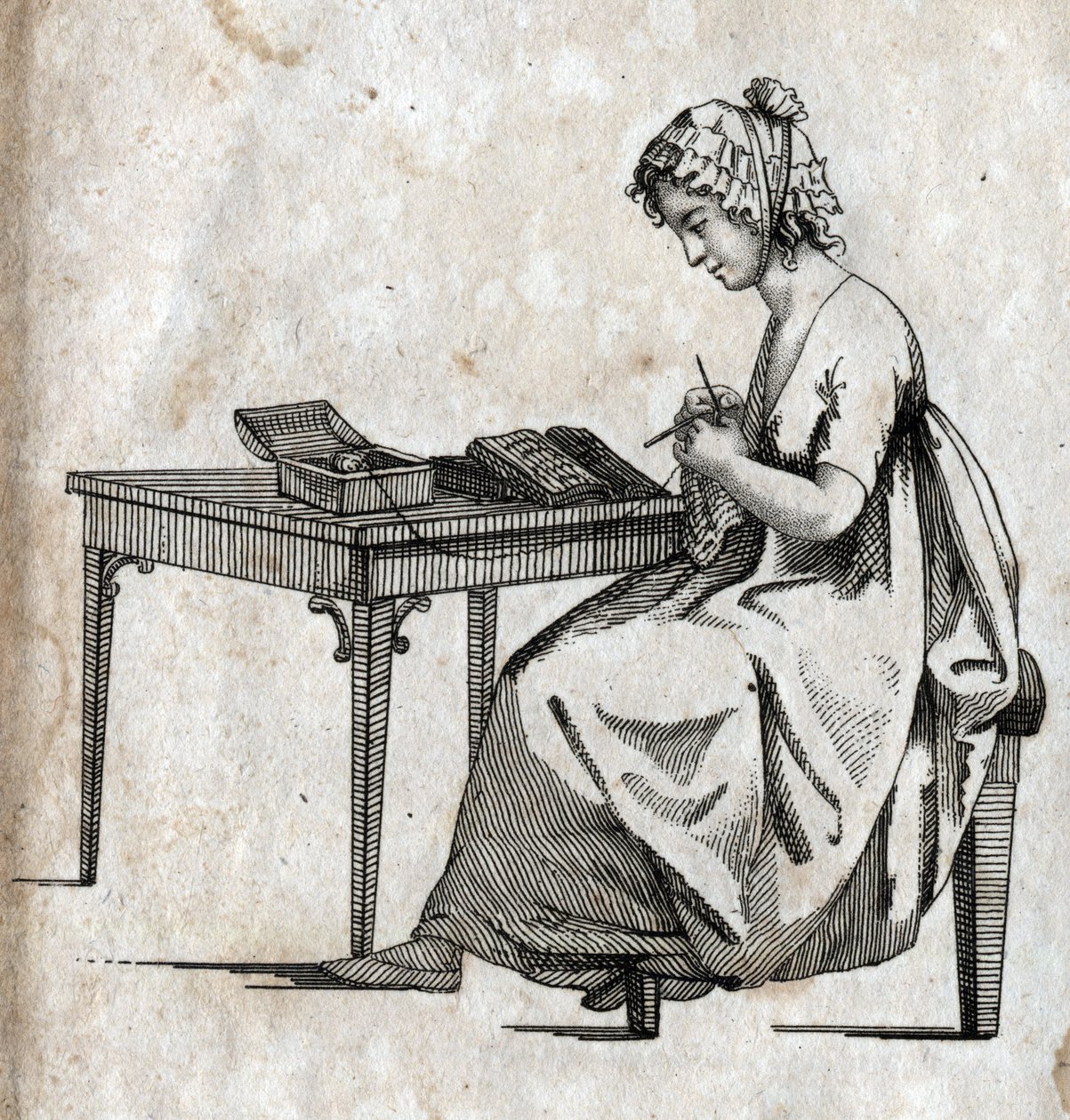 Máquina de tejer: mujer ocupada tejiendo lana. Grabado finales del siglo XVIII. Colección privada. de Unknown artist