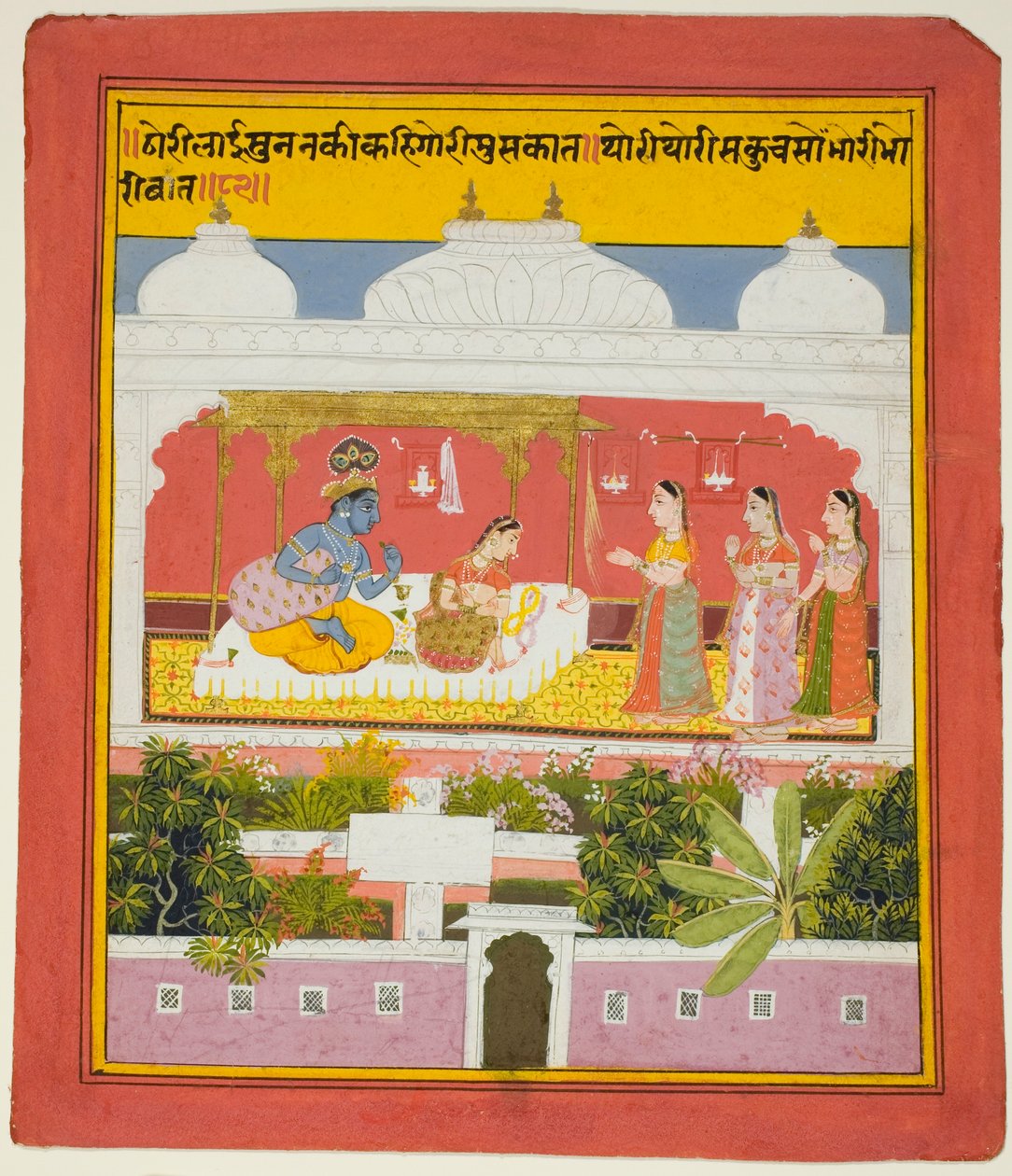 Krishna y Radha en un pabellón, de una copia de los Setecientos versos (Sat Sai) de Bihari de Unknown artist