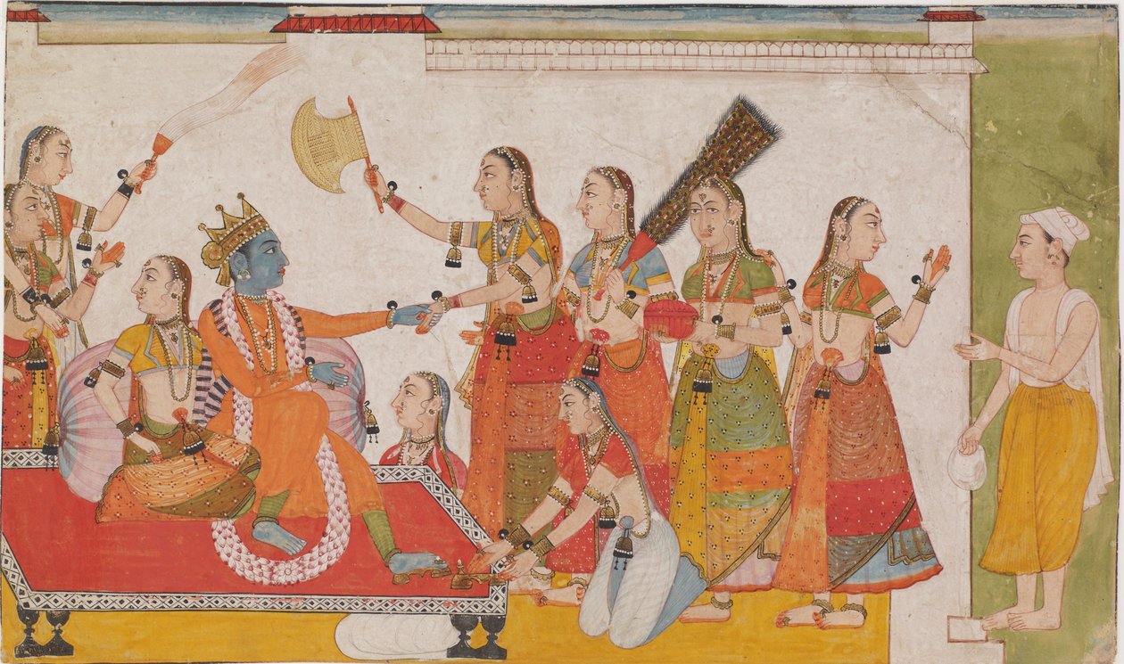Krishna dando la bienvenida a Sudama, de un Bhagavata Purana de Unknown artist