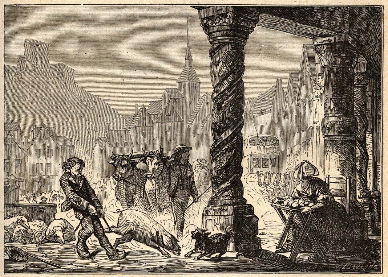 La gran calle un día de mercado en Dol de Bretaña - grabado en “PATRIE” - DESCRIPCIÓN PICTURESQUE DE FRANCIA EN 6 VOLÚMENES POR LUCIEN HUARD - finales del siglo XIX de Unknown artist