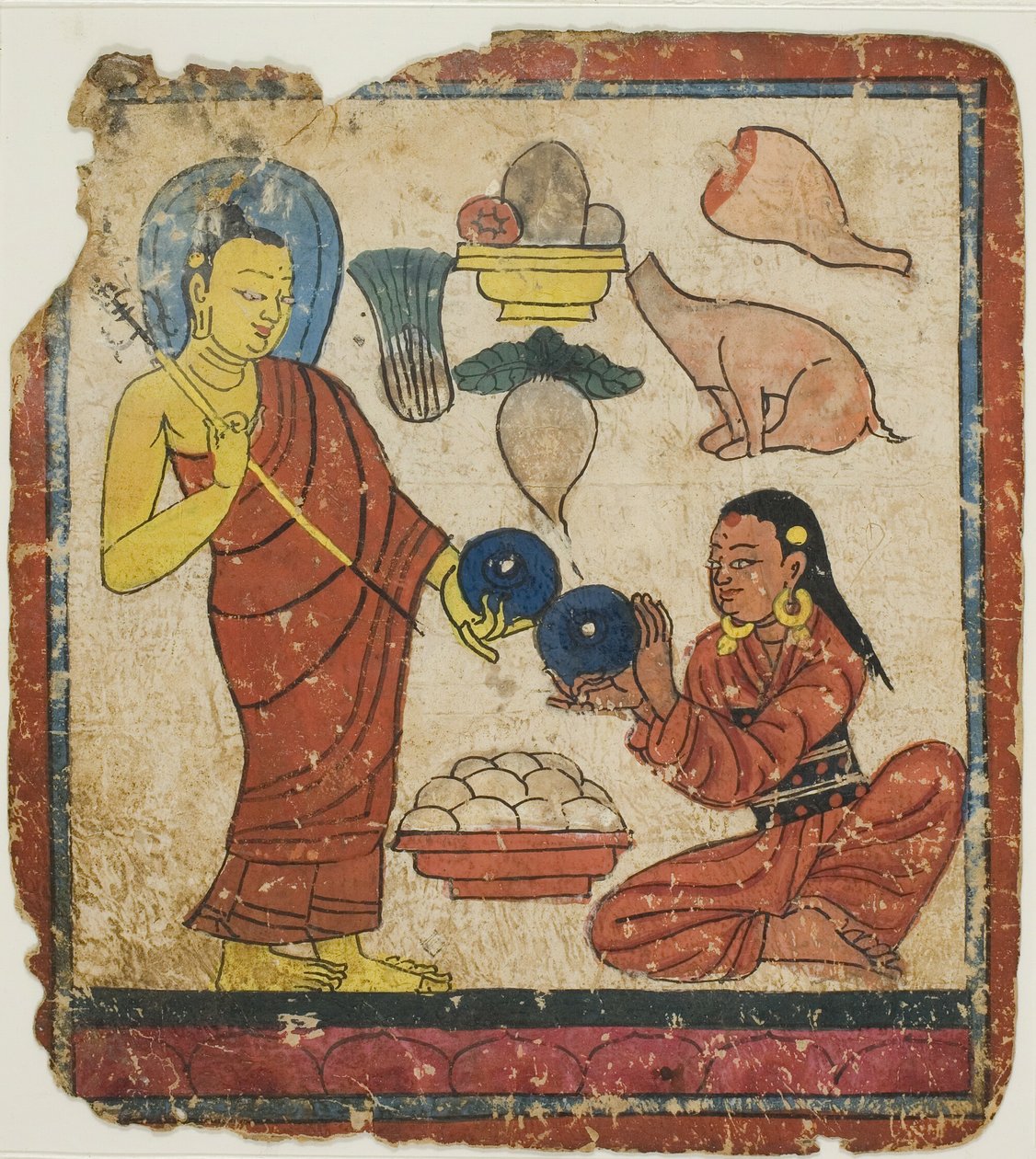 Dama que ofrece comida a un monje, de un juego de cartas de iniciación (Tsakali) de Unknown artist
