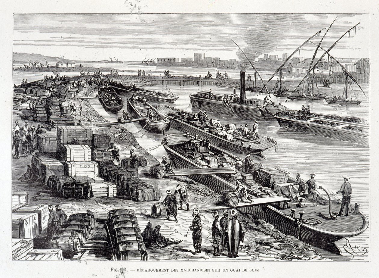 Descarga de mercancías en un muelle del Canal de Suez de Unknown artist