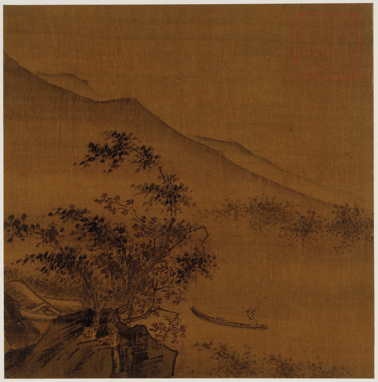Paisaje: laderas, rocas, árboles, casa y un bote de Unknown artist