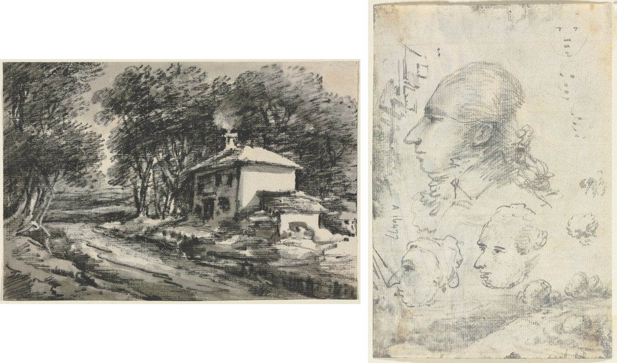 Paisaje con cabaña (anverso); Estudios de cabezas (verso) de Unknown artist