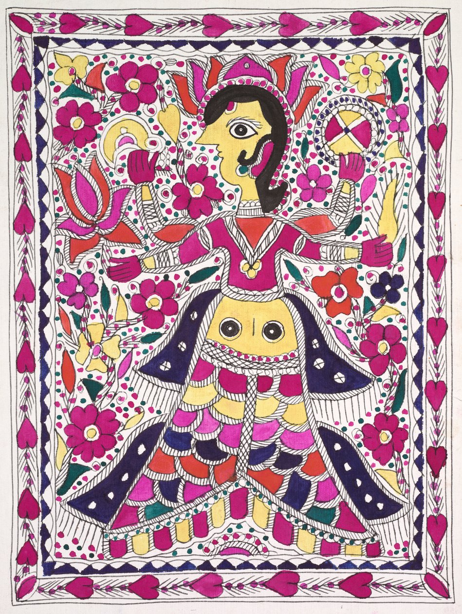 Figura grande de múltiples brazos con corazones en el margen. de Unknown artist