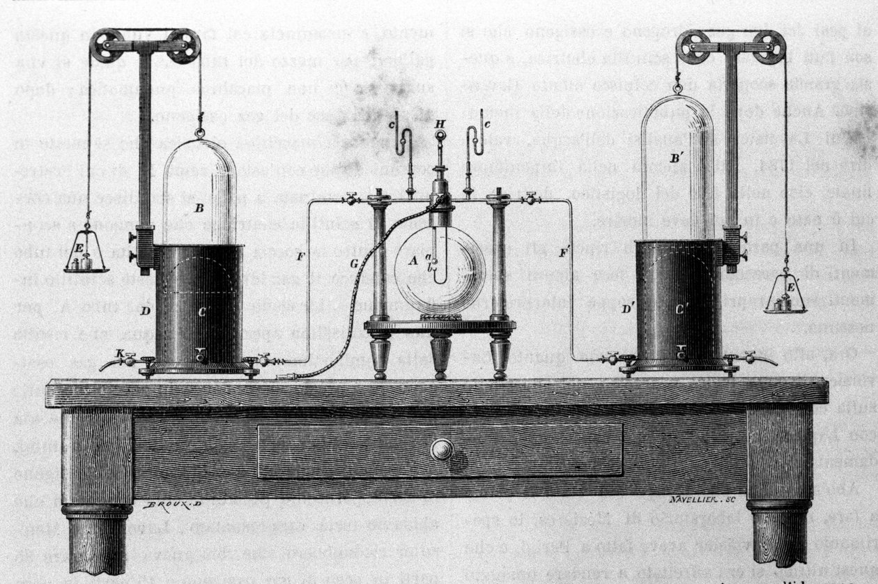 Aparato de Lavoisier y Laplace para la formación de agua mediante la combustión de gases de oxígeno e hidrógeno en un matraz de vidrio. Grabado del siglo XIX de Unknown artist
