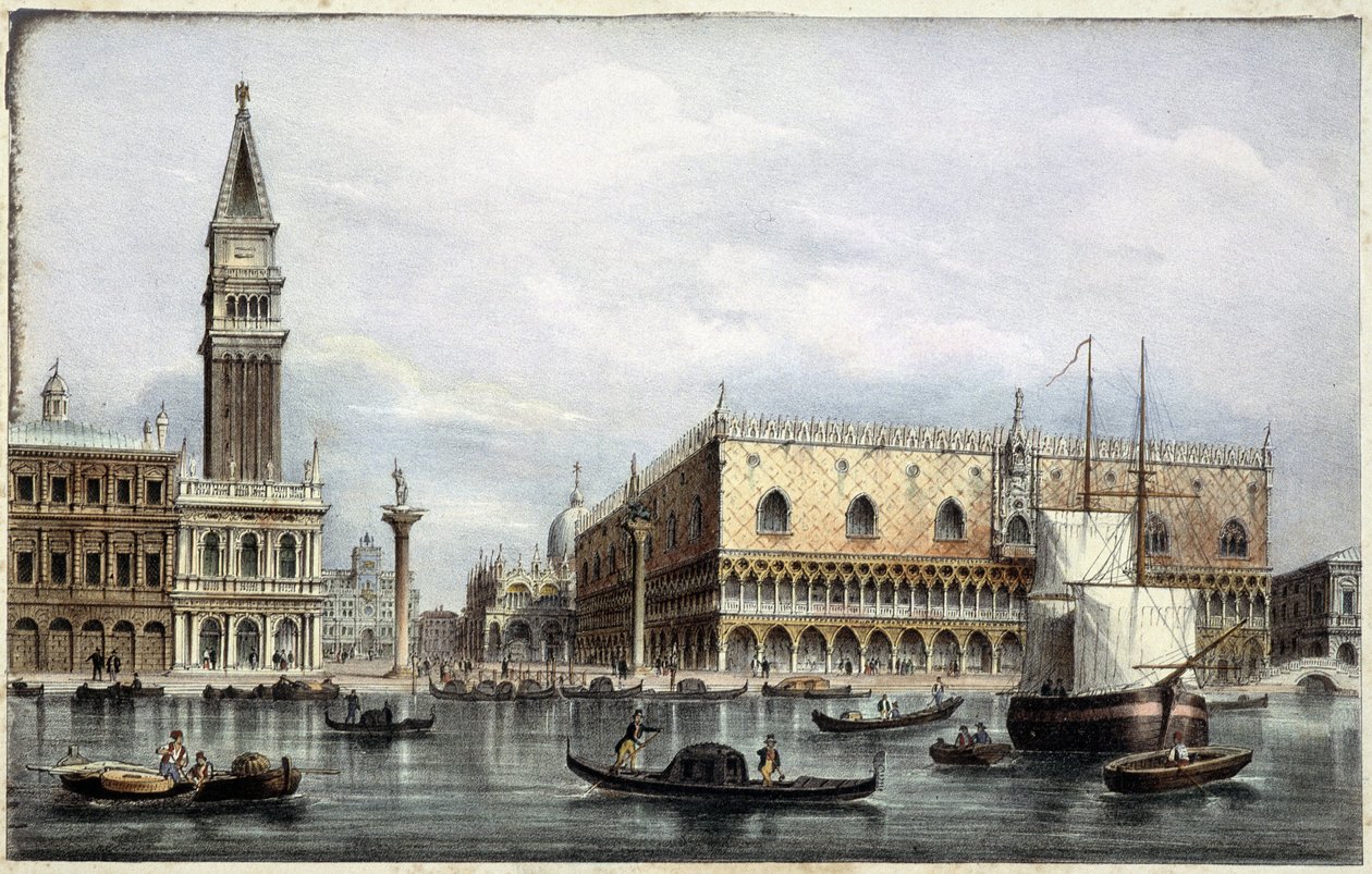 El muelle visto desde el canal en "Álbum de las principales vistas de Venecia", ilustrado por Marco Moro, ed. Gio Brizeghel, c.1840 de Unknown artist