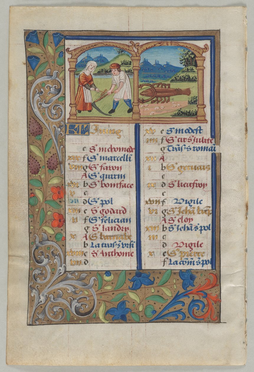 Hoja de un libro de horas: página del calendario de junio (verso) de Unknown artist