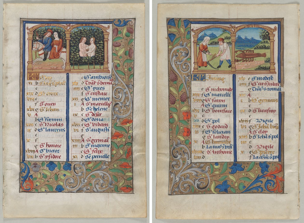 Hoja de un libro de horas: página de calendario de mayo (anverso) y página de calendario de junio (verso) (2 de 3 hojas extirpadas) de Unknown artist