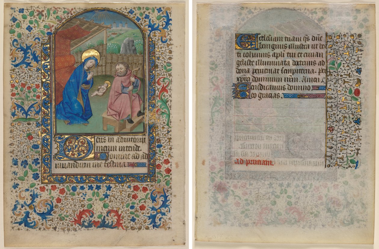 Hoja de un Libro de Horas: La Natividad (anverso) y Texto (verso) de Unknown artist