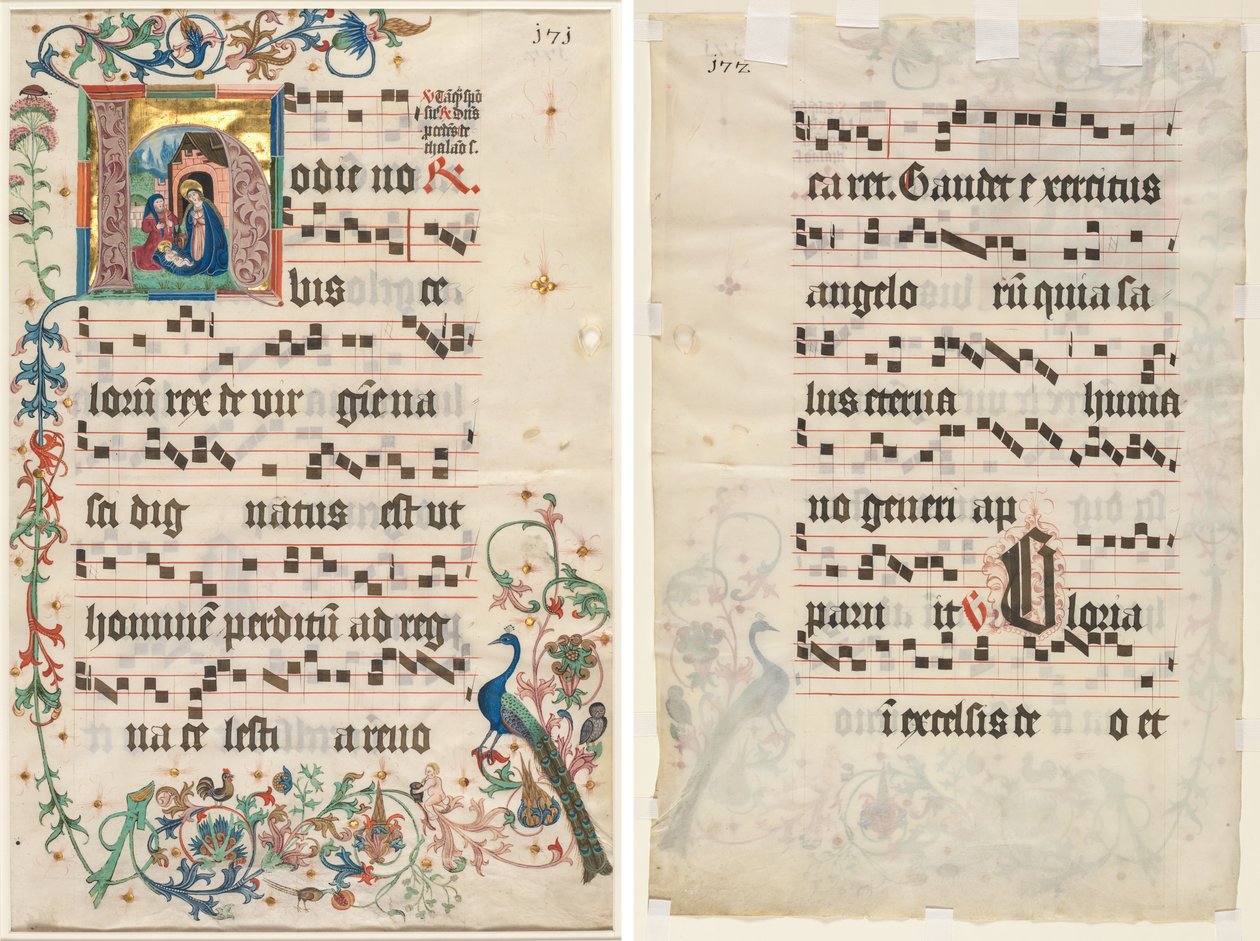 Hoja de un Antifonario: H inicial con la Natividad (anverso) y Texto (verso) de Unknown artist