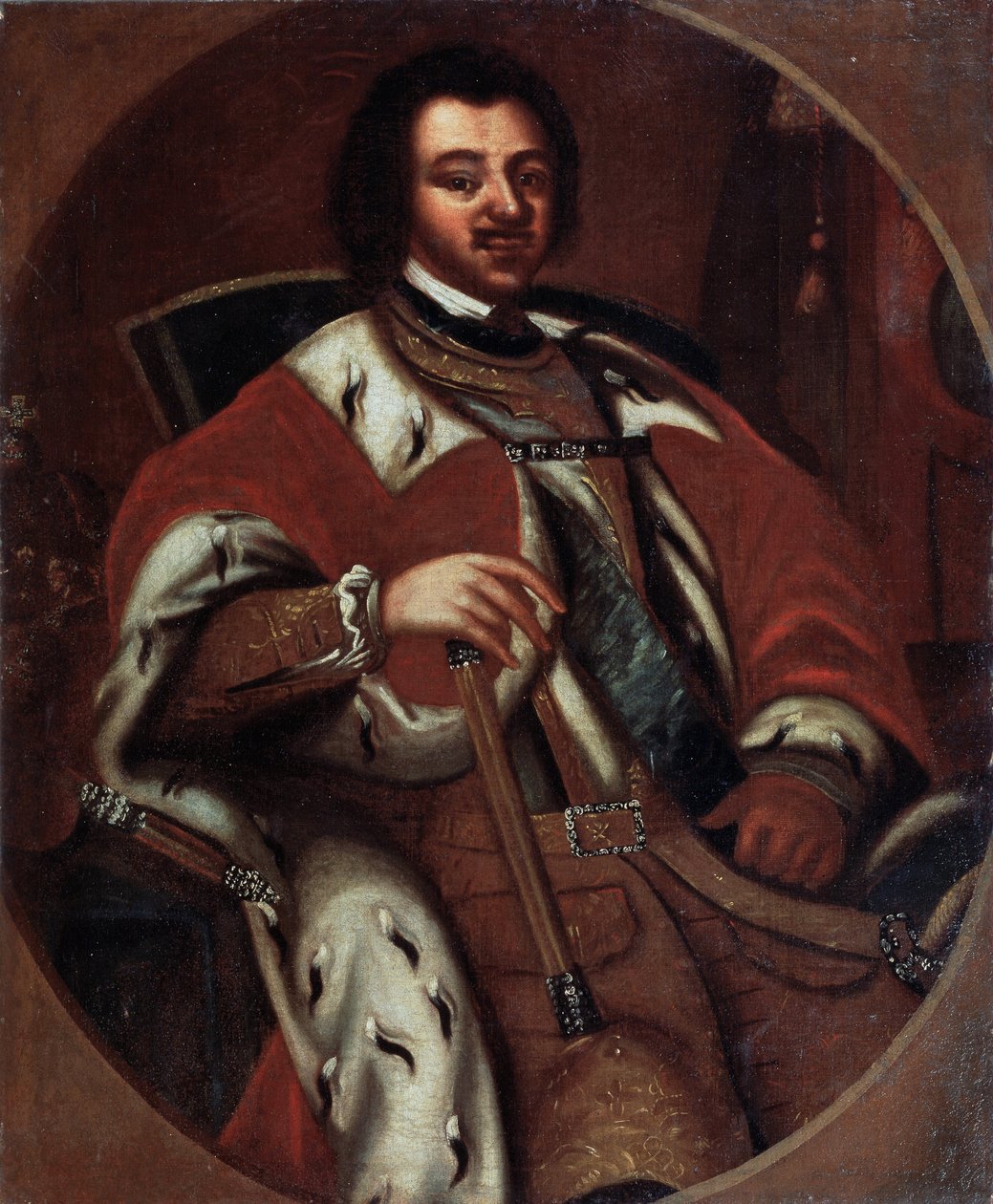El emperador ruso Pedro I (el Grande) (1672-1725) en su trono (el emperador Pedro I entronizado). Pintura anónima. Óleo sobre lienzo, principios del siglo XVIII. Museo Estatal de Arte, Yaroslavi (Rusia). de Unknown artist