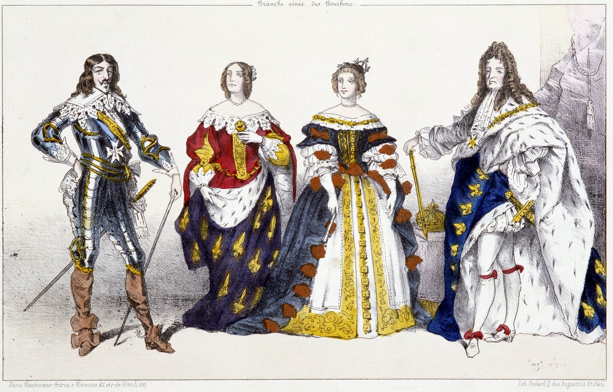 Los Borbones: Luis XIII (1601-1643) y Ana de Austria (1601-1666), María Teresa de Austria (o España) (1638-1683) y Luis XIV (1638-1715) - Placa extraída de Reyes y Reinas de Francia en grabados, París, ed. Swift de Unknown artist