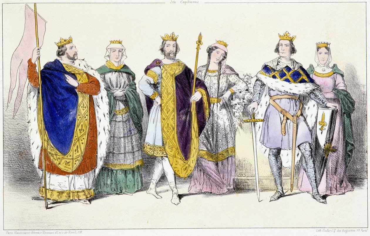 Los Capetos: Luis VI El Gordo (1081-1137) y Adelaida de Saboya (ca. 1100-1154), Luis VII El Joven (1120-1180) y Adela de Champaña (o Blois) (ca. 1140-1206), Felipe II llamado Felipe Augusto (1165-1223) e Isabel de Henao (1170-1190) - Lámina de de Unknown artist