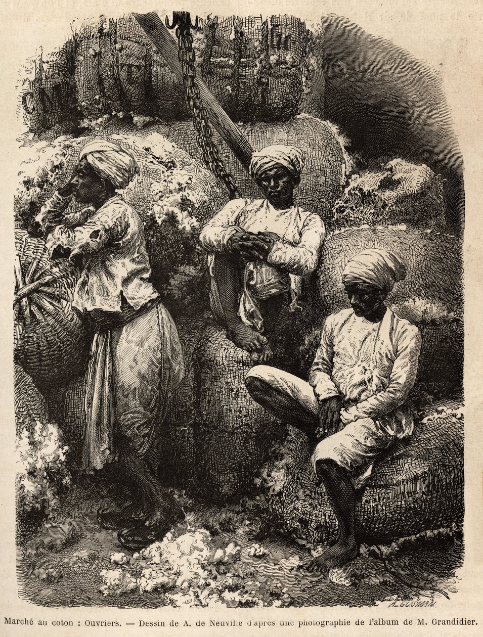 Los trabajadores parsis en reposo, en el mercado de algodón de Bombay. Grabado para ilustrar el viaje en las provincias meridionales de la India, por Alfred Grandidier, en 1862-1864, publicado en “Le tour du monde, nouveau journal des voyages”, 1869, edita de Unknown artist