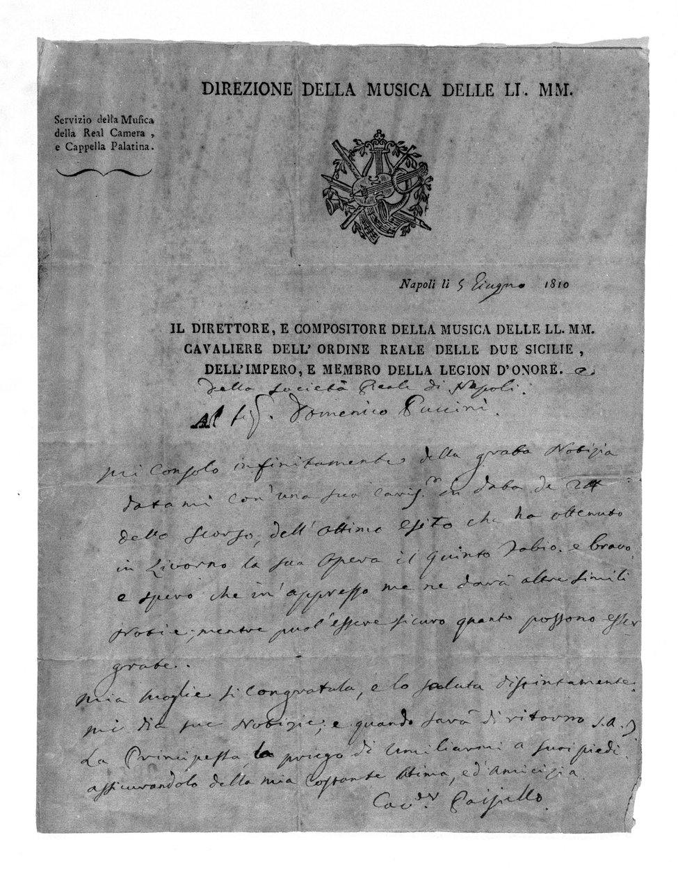 Carta de Giovanni Paisiello (1740-1816), compositor italiano a Domenico Puccini, abuelo de Giacomo Puccini. 1810. Milán Museo Teatral de la Scala de Unknown artist