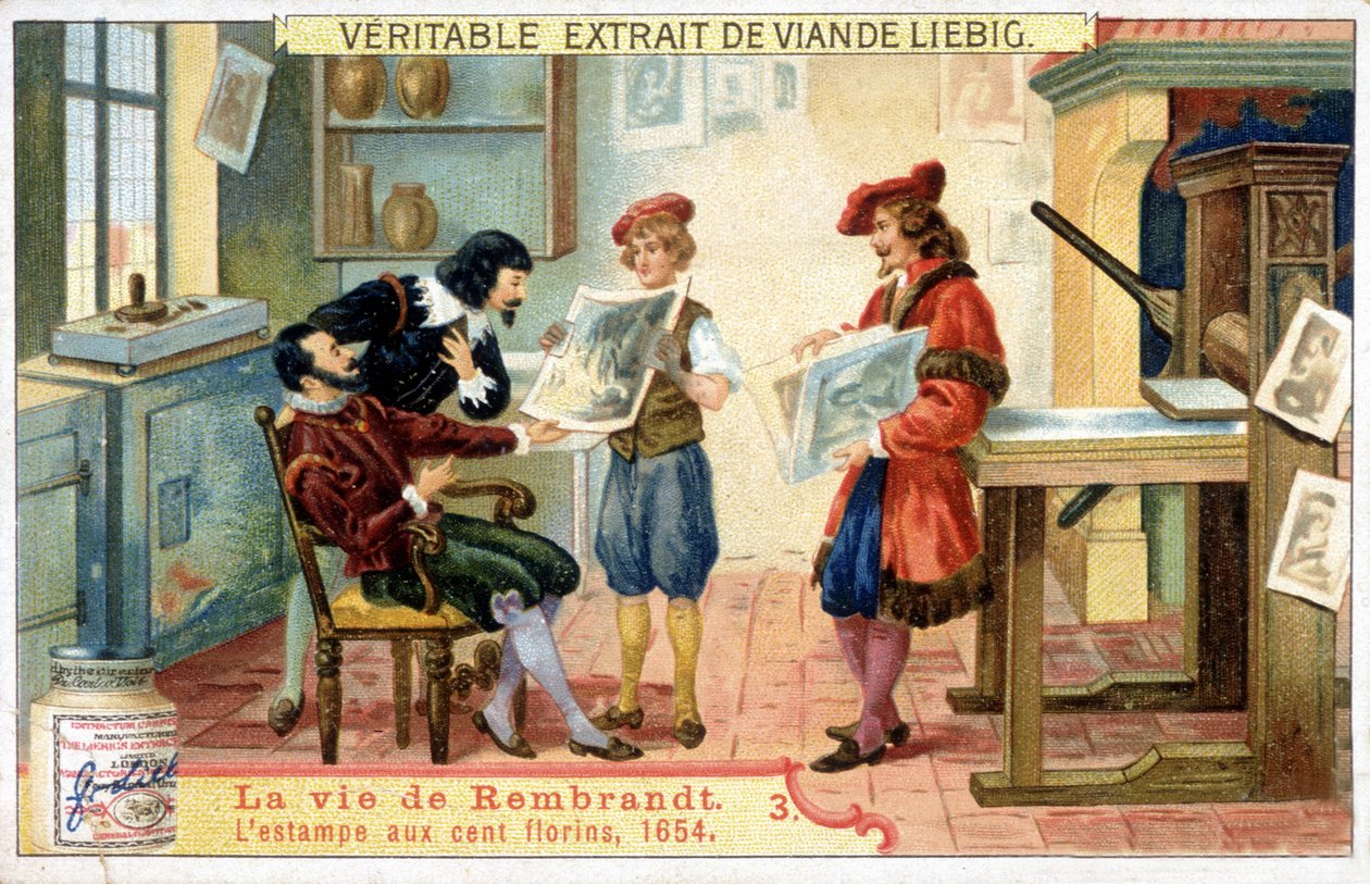 Cromolitografía de Liebig sobre la vida de Rembrandt (1606 - 1669), pintor holandés. Esta es la impresión de 100 florines en 1654 de Unknown artist