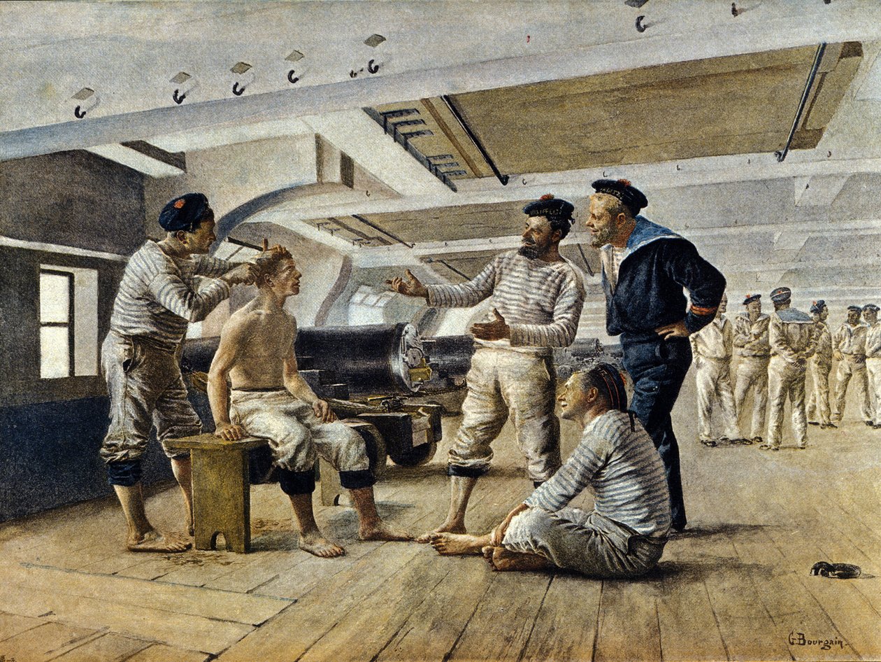 Vida a bordo de un buque de guerra francés: el barbero del barco afeita a los marineros, c.1800 de Unknown artist