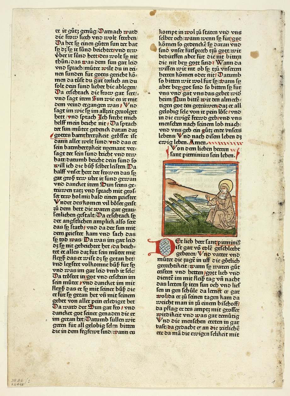 Vida de San Pirminio de Heiligenleben, Winterteil (Vidas de los santos, invierno), lámina 1 de xilografías de libros del siglo XV de Unknown artist