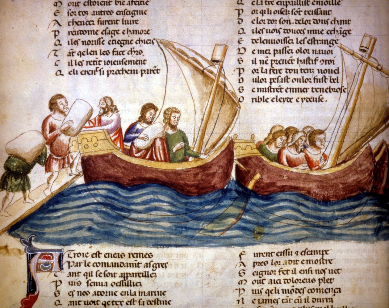Cargando carga a bordo, finales del siglo XIII. Miniatura del “Roman de Troy” de Benoit de Saint Maure. Siglo XIV Biblioteca Marciana, Venecia de Unknown artist