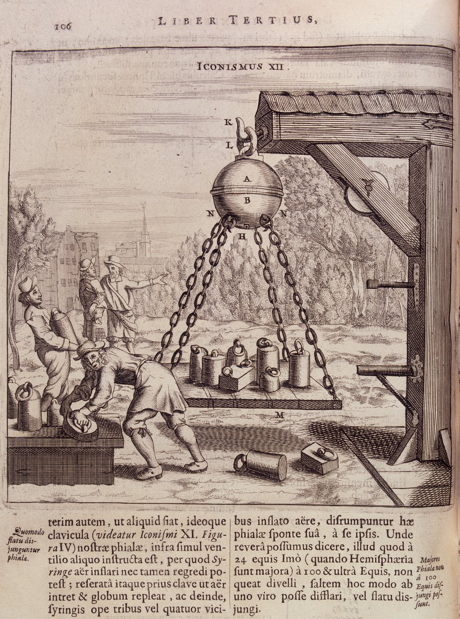 Cargando hemisferios de Magdeburgo suspendidos - en “Ottonis de Guericke: Experimenta Nova Magdeburgica de vacuo spatio” de Otto von Guericke de Unknown artist
